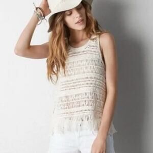 2/$15 American Eagle Crochet Fringe Tank Top Ivory Boho Size XS